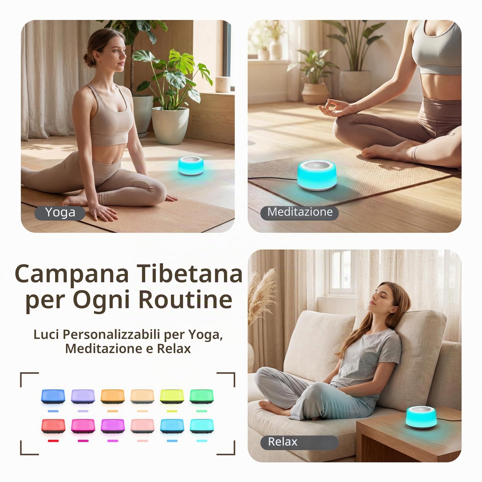 Kipcush Macchina tibetana per campane tibetane – 5 campane sonore per yoga, meditazione, consapevolezza, guarigione, guarigione dei chakra e sollievo dallo stress, timer e funzione di memoria, plug in
