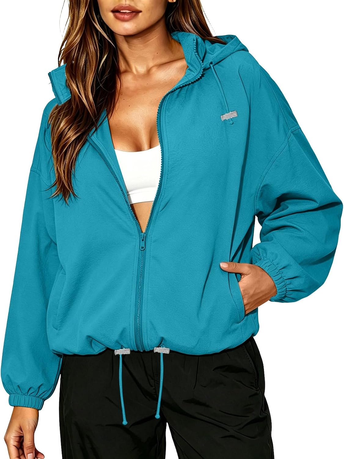 Windbreaker Jacket for Women Full Zip Hooded Lightweight Sports Coat | Women's Casual Zip Up Waterproof Hoodie Jacket with Drawstring Hem, Long Sleeve, Loose Athletic Coat for Fall Spring Travel