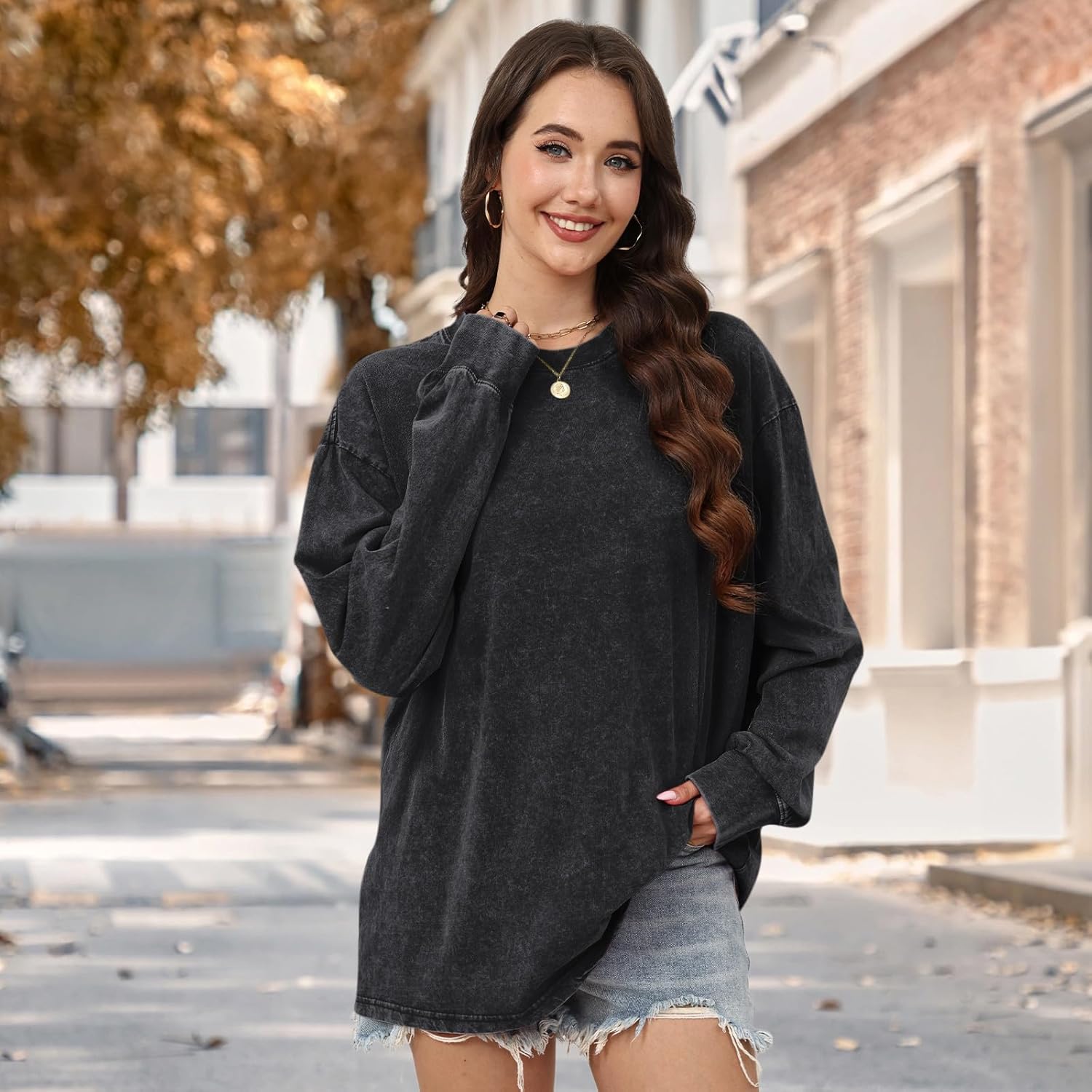Oversized Long Sleeve Shirts for Women Acid Wash Tshirts Loose Fit Vintage Casual Basic Baggy Cozy Crewneck Tops - Image 3