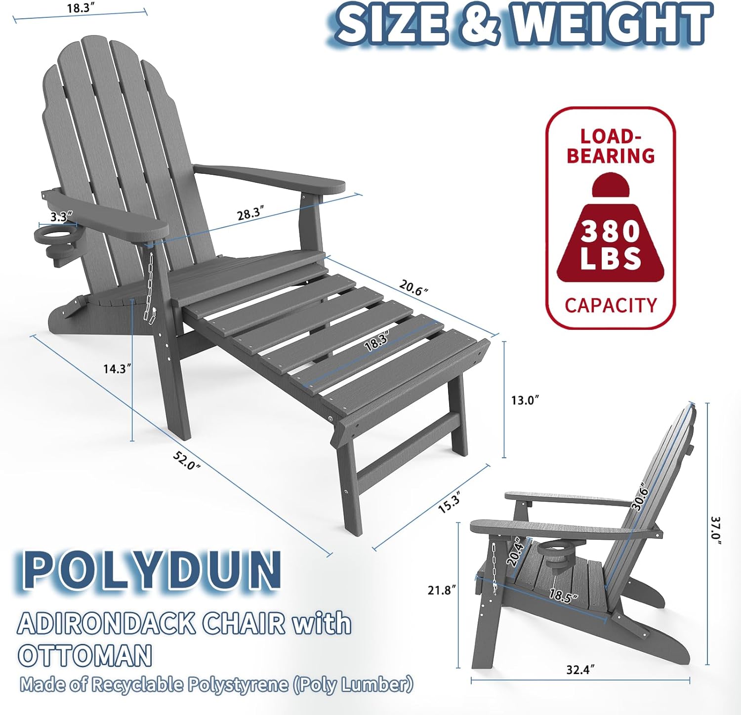 Folding Adirondack Chair with Retractable Ottoman, HDPE Plastic Patio Chairs for All Weather, Fire Pit Chair with Cup Holder, Outdoor Lawn Chairs for Deck, Porch, Backyard, Gray