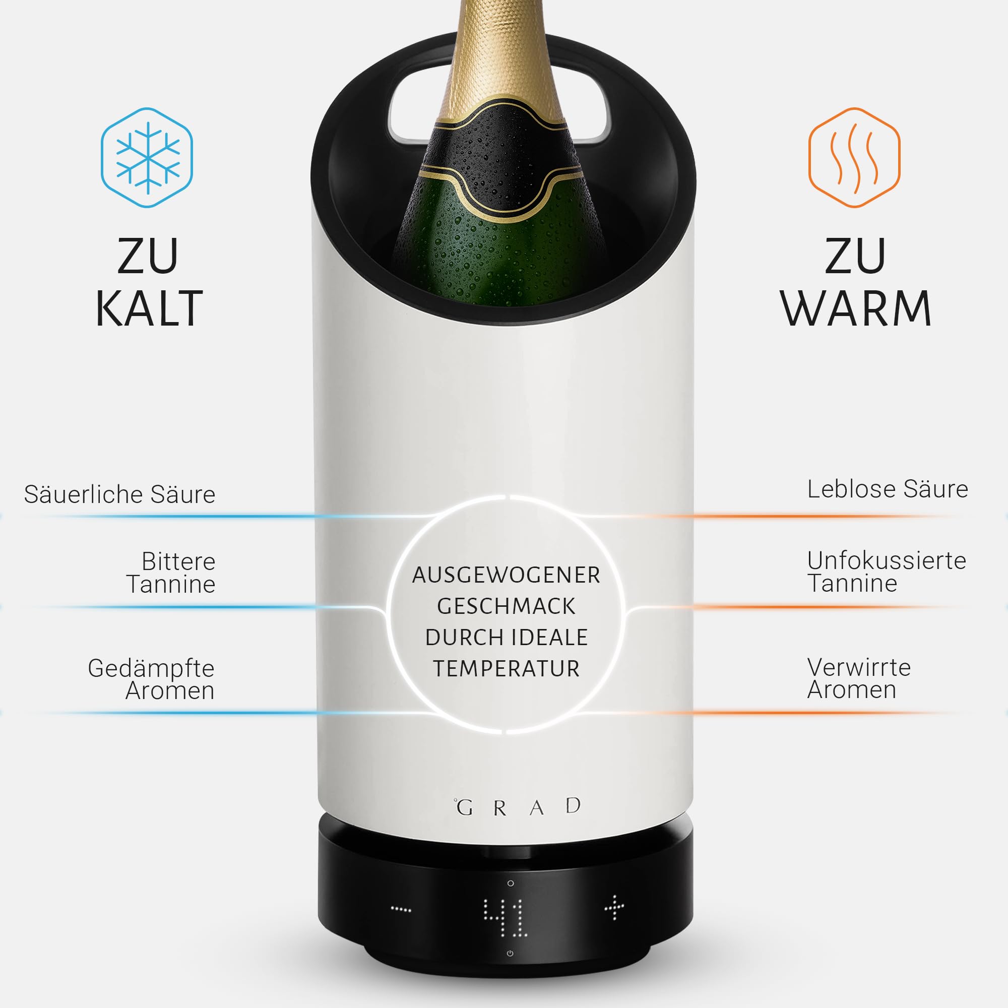 Grad No.1 Elektrischer Weinkühler & Sektkühler (Creme) – Tragbar, Leise & mit exakter Temperatureinstellung – Isolierter Flaschenkühler für Getränke bis Ø 10 cm – Ideales Weingeschenk
