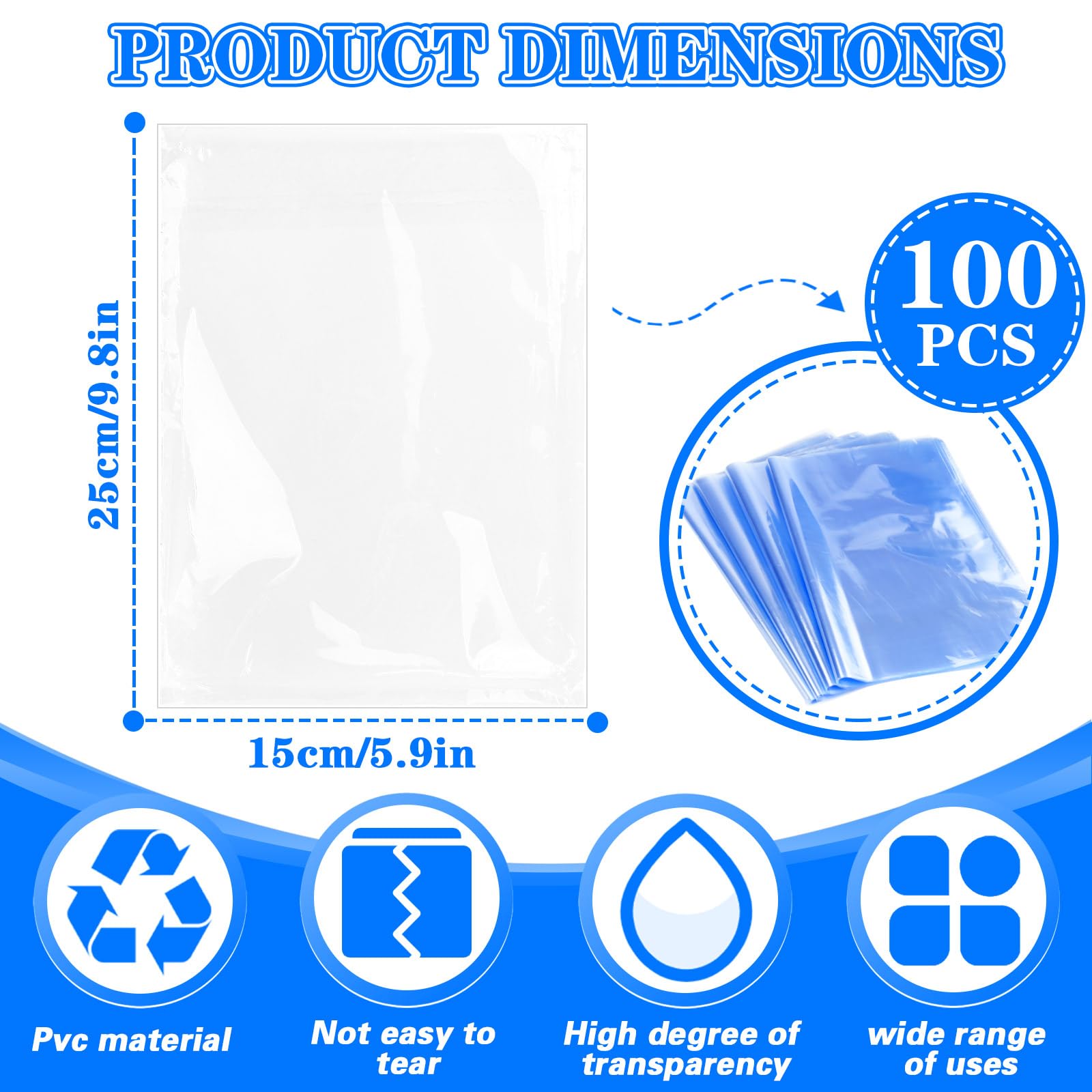 Lot de 100 sacs thermorétractables transparents 24,9 x 15 cm pour emballage, expédition, stockage
