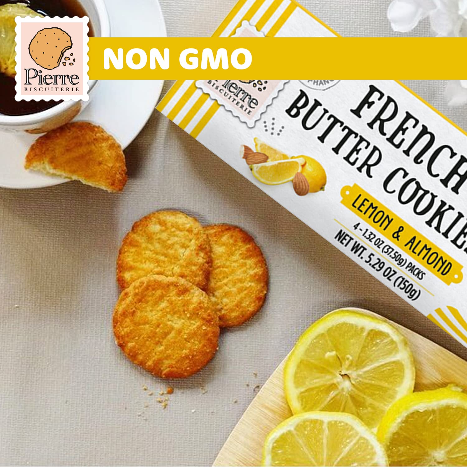 Pierre Biscuiterie French Butter Cookies with Lemon & Almond 5.29 Ounce Box (Pack of 3)
