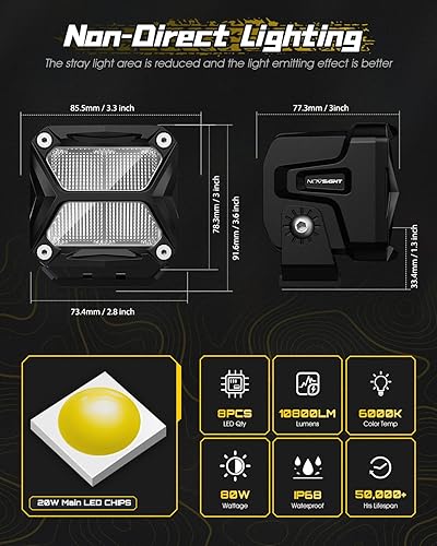 Miniatura 9 de NOVSIGHT Luces LED de 4 pulgadas para zanja  Potente luz todoterreno de 4 x 4 pulgadas, luces LED de cubo IP68, luz antiniebla LED impermeable para