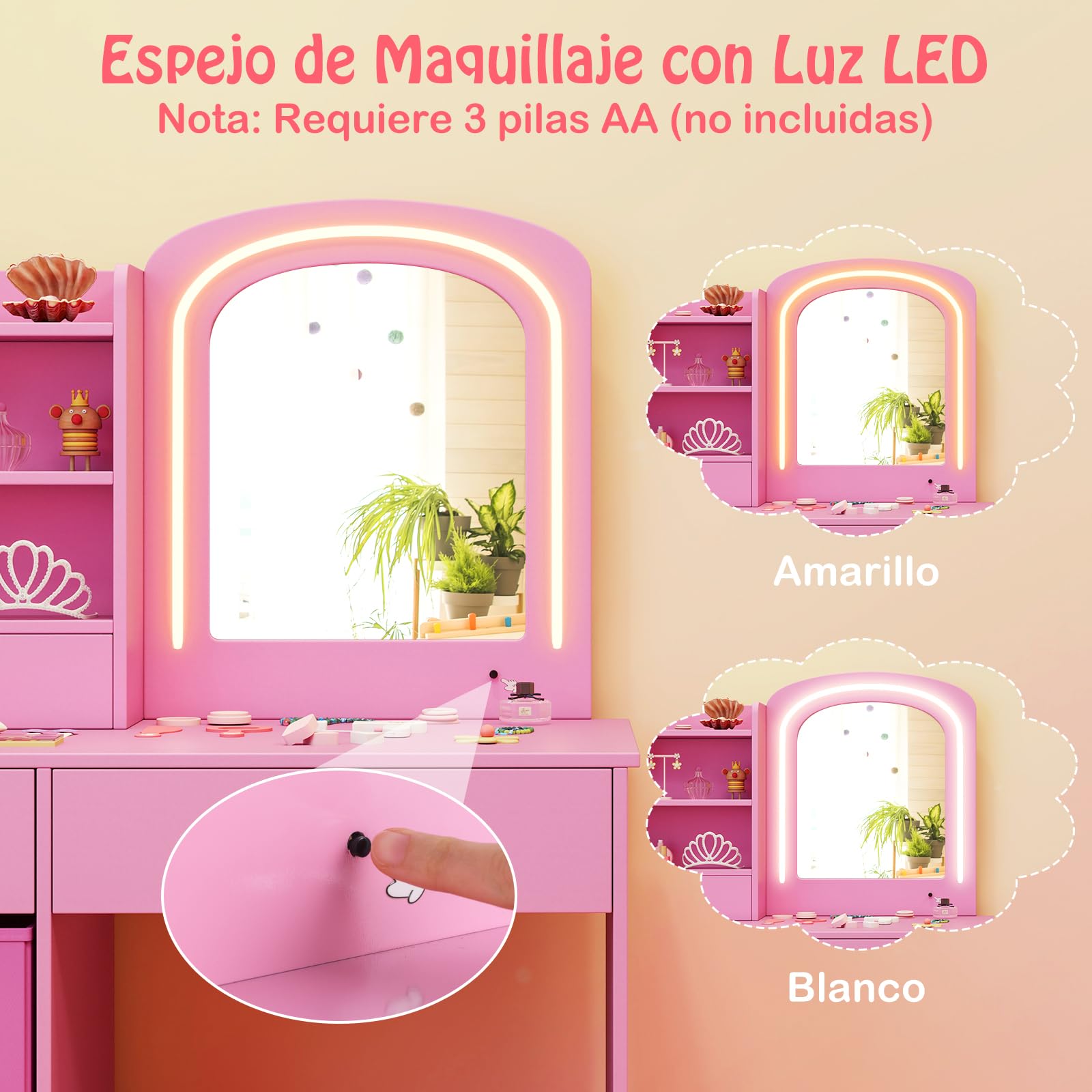 COSTWAY Tocador Infantil con Espejo Iluminado, Tocador de Maquillaje Niña con Espejo y Luces, Estantes Abiertos y 5 Cajones de Almacenaje, Mesa y Silla de Princesa para Niñas de 3+ Años (Rosa)