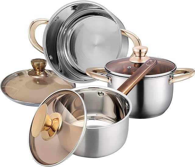 Cookware Sets, 6 Pieces Stainless Steel Induction Hob Pots and Pans Set,Kitchen Cooking Pots with 20 cm/24cm Stock Pots,16 cm Saucepan,Toughened Glass Lids and Soft Grip Handles