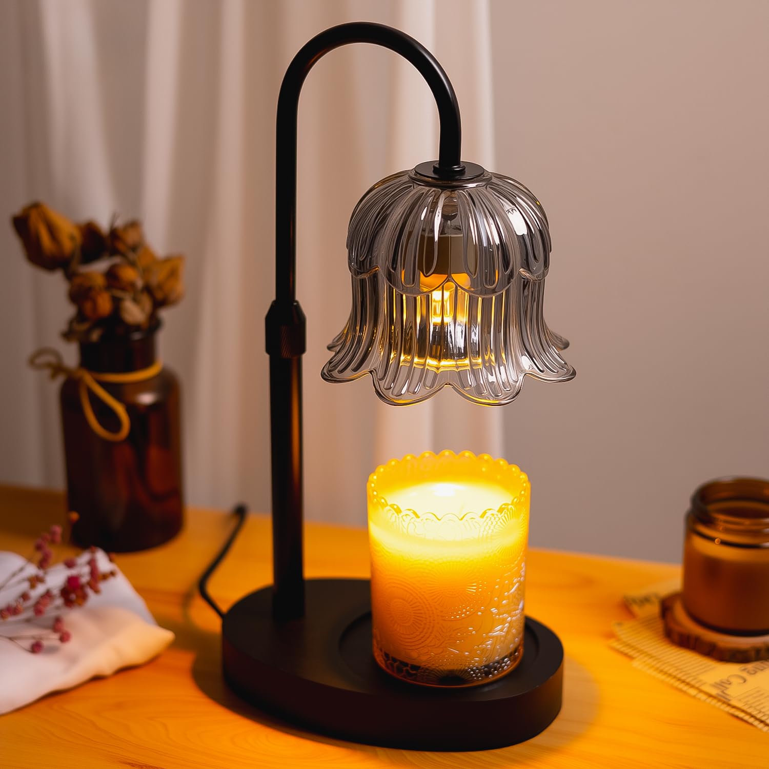 JEKEMORYE Candle Warmer Lamp with Timer - Flower Lamp Electric Wax Melter - Adjustable Height and Brightness Jar Candles Flameless Burner Suitable Various Holiday Warming Gifts with 2 Bulbs