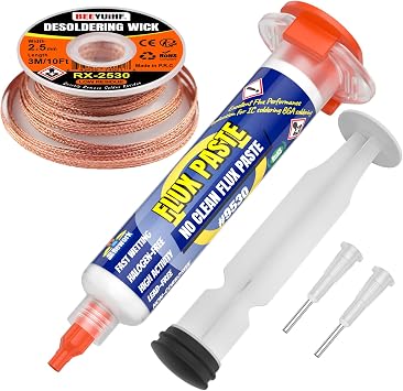 Electrical Soldering Flux Paste 10cc Syringe with Desoldering wick Braid 3M/10ft 2.5mm for Electronics Soldering Repairs Remover Kit