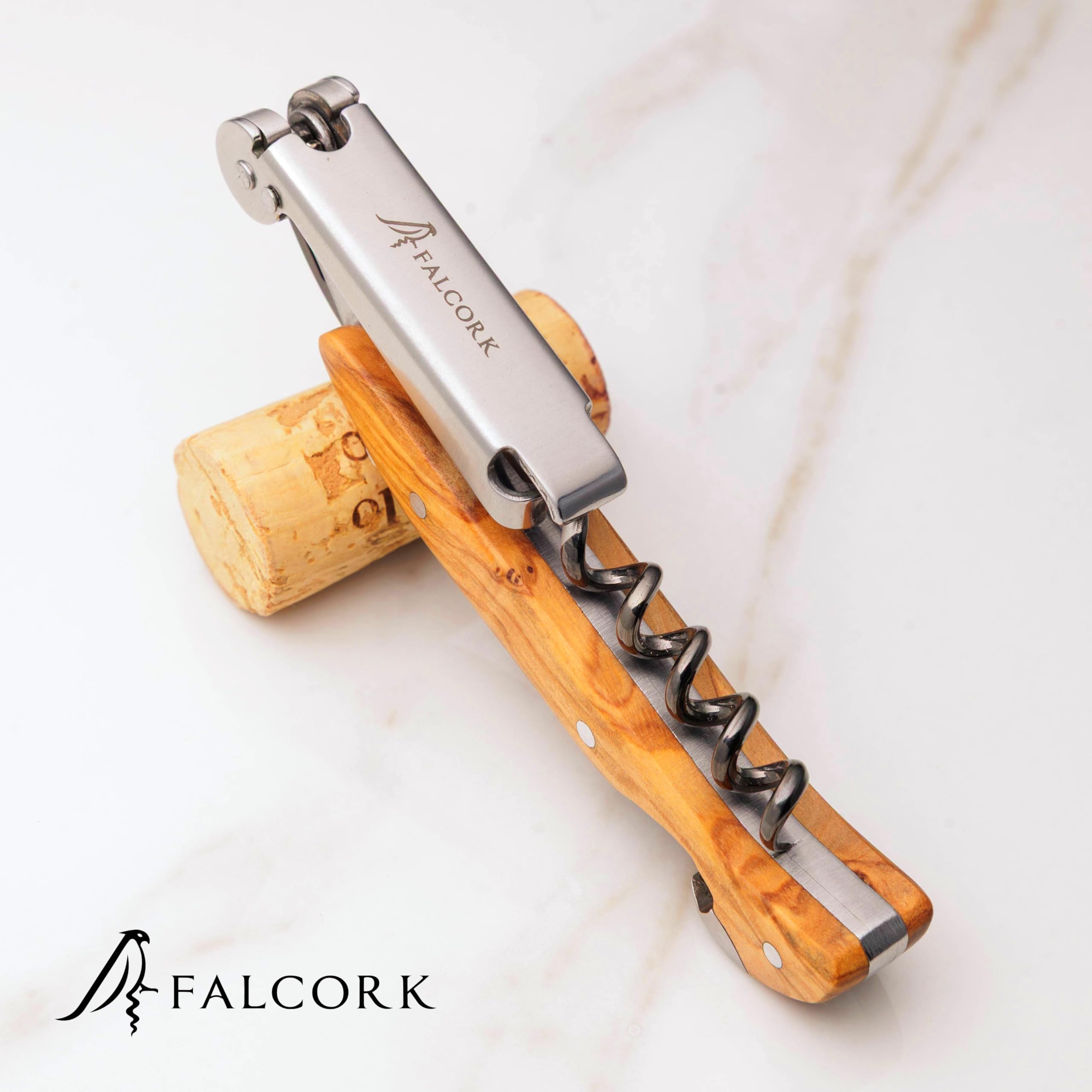 Limonadier pour Professionnels FALCORK® 144 Efficacité – Tire-Bouchon à Une Étape pour Usage Intensif en Hôtellerie-Restauration avec Hélice Marquée, Décapsuleur Intégré et Manche en Bois d’Olivier
