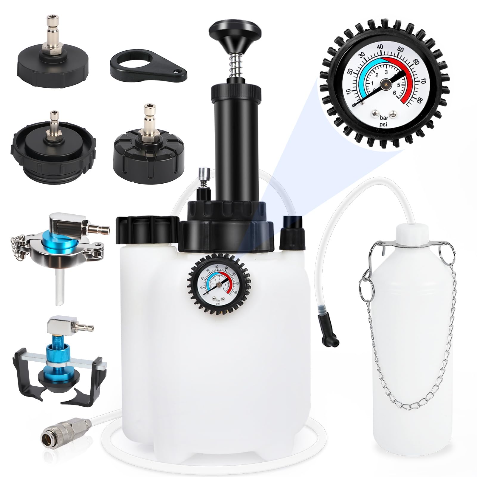 Appareil de Purge de Freins de 3L, Purgeur de Freins Automobile, Appareil de Changement de Liquide de Frein avec réservoir de succion de 1L et 4 adaptateurs de maître-Cylindre pour E20 ø45m