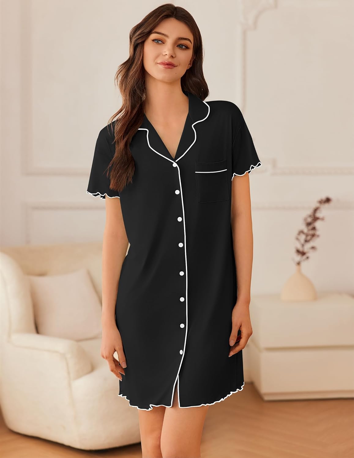 Ekouaer Nightgowns for Women Button Down Sleep Shirt Short Sleeve NightShirts Boyfriend Sleepdress Soft Pajama Dress - Image 2