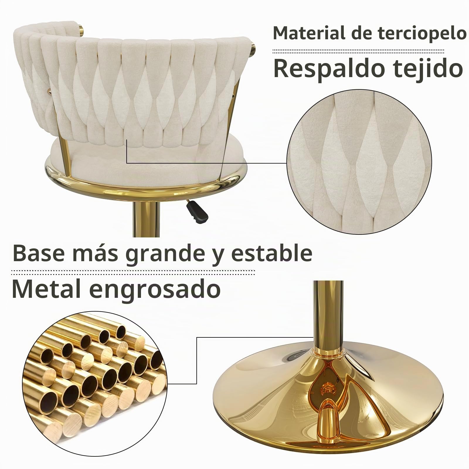 Juego de 1 Taburete de Bar, Taburetes Altos de Cocina con Respaldo, Taburetes Altos Ajustable 59-102 cm, Silla de Cocina Tasburete Alto de Tela, Silla de Bar para Cocina Bar Comedor (Oro)