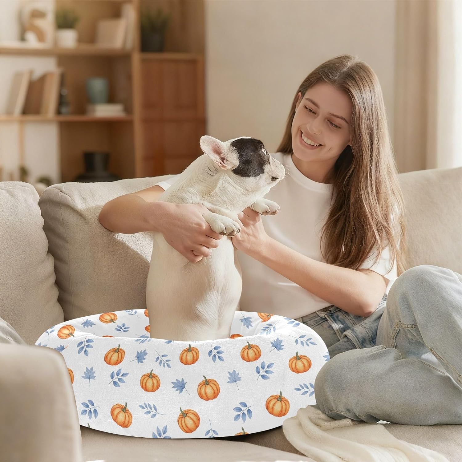 Fall Pumpkins White Leaves Pattern Dog Bed Round Donut Washable Puppy Cat Bed Small Pet Medium Dog Beds Mat for Small Medium Dogs Cats Indoor,M