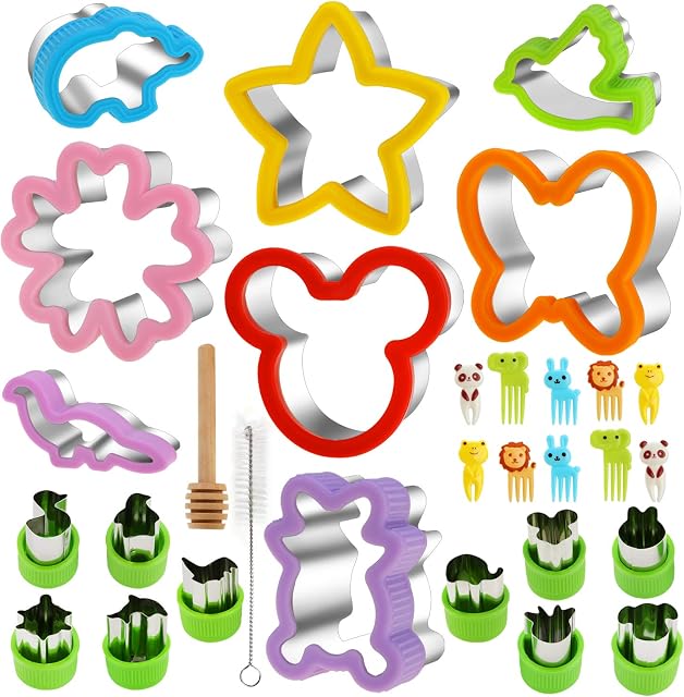 30 Pcs Cookie Cutters Stainless with Comfort Grip Steel Sandwich Vegetable Cutters Set, Animal Shapes DIY Cake Decoration Molds Fruit Chocolate Cutters with Fork and Brush for Holiday Party Bake Gift
