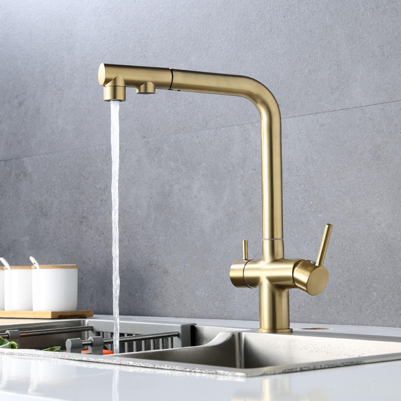 Grifo 3 Vias Osmosis Extraible Giratorio 3 en 1 Orificio Único Latón Grifo de Cocina 3 Vias Extraible-Oro Cepillado