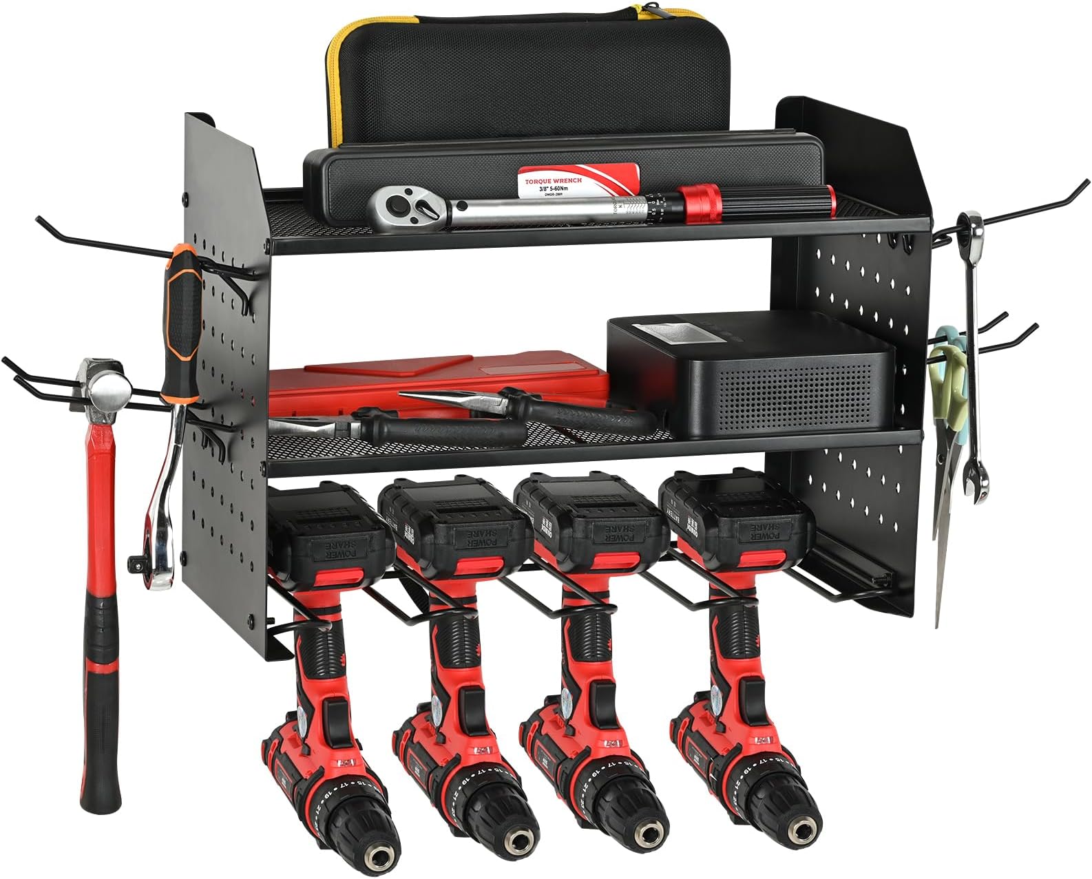 TRZZ 3-Layer Power Tool Organizer with 2 Black Side Pegboards