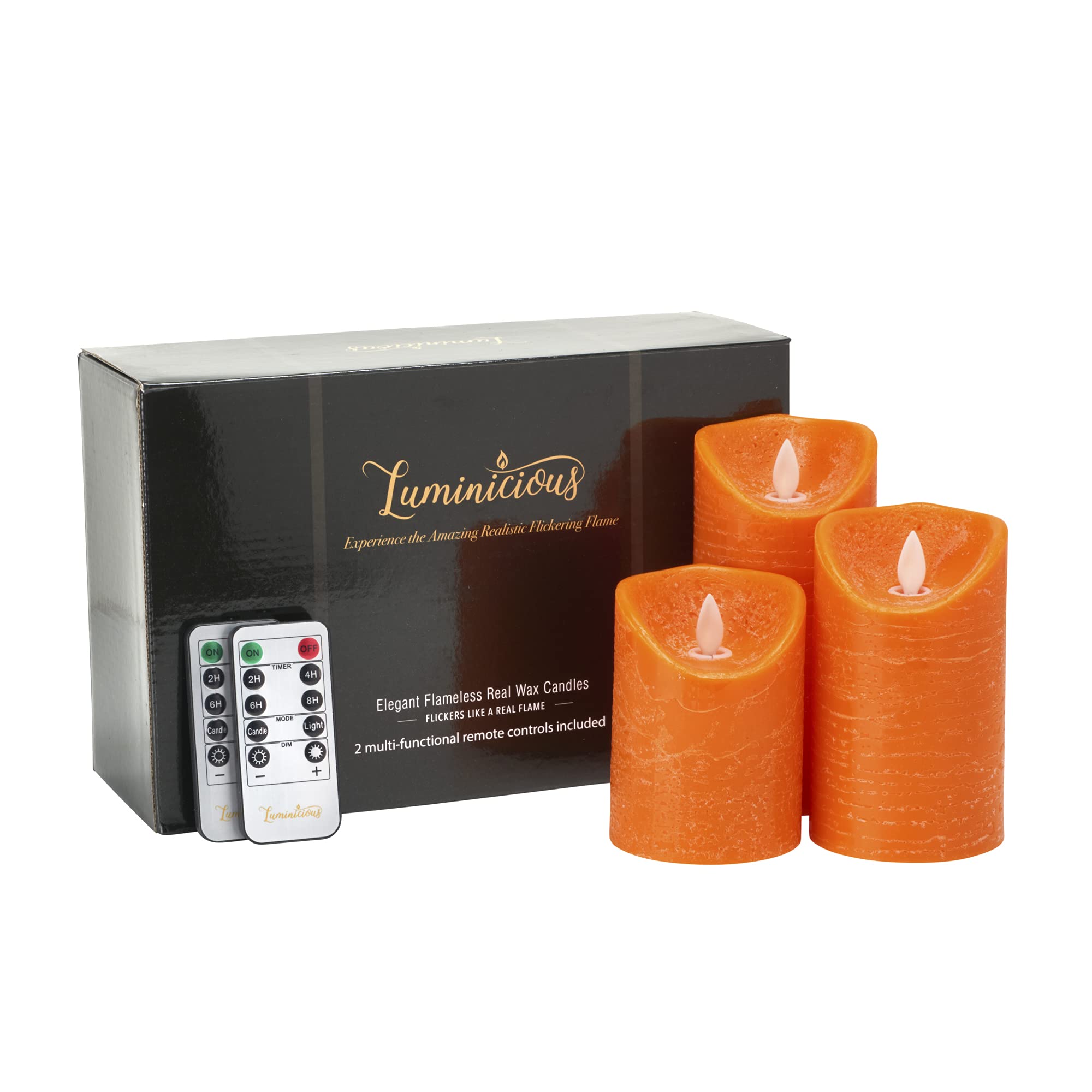 Luminicious Burnt Orange Flameless Candles Flickering Led | Battery Operated Electric Pillar Candle | Realistic Moving Flame Flicker With Remote Control & Timer | Real Wax | Great Home Decor | Decorative Gift