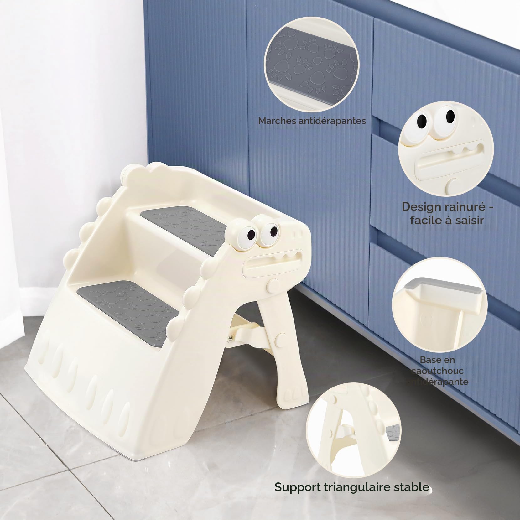 Marchepied Pliable pour Enfant, 2 marches, Antidérapant, Anti-basculement, Marche Enfant pour Salle de Bain et Cuisine (Crème)