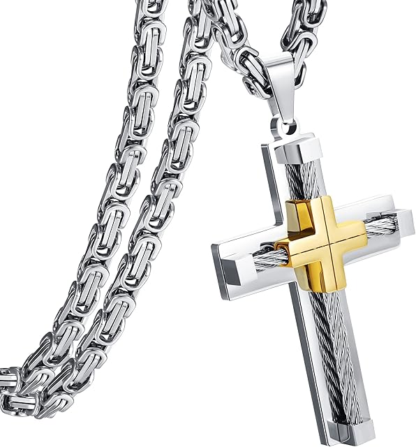 ADRAMATA Cross Necklace for Men Stainless Steel Large Cross Chain Silver/Gold/Black Cross Pendant Byzantine Chain Necklace, 61CM