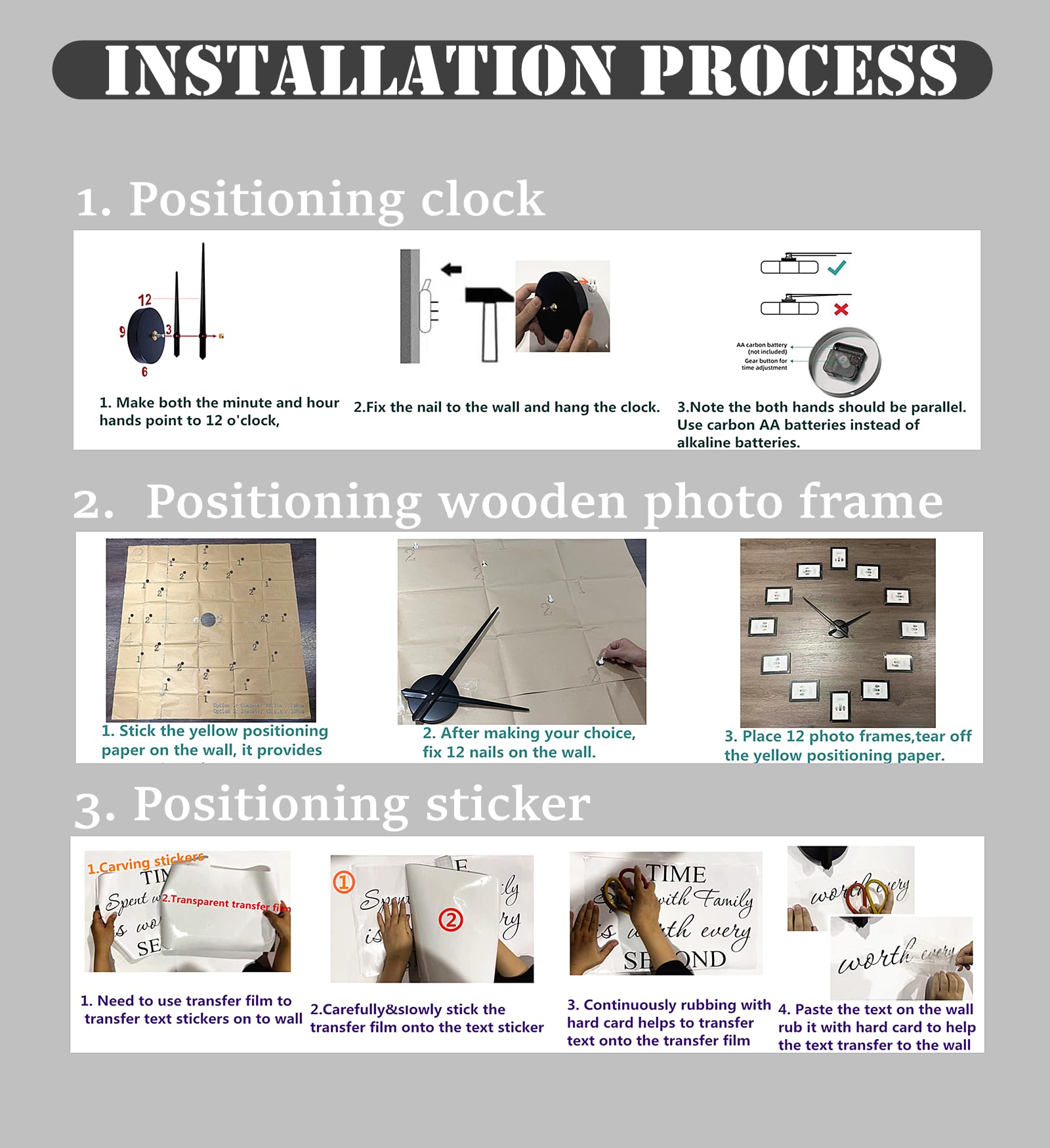Luming DIY Wanduhr Groß Mit Bilderrahmen Collage - Modern Wohnzimmer Uhr Wand - 12 Stücke 10x15 Schwarz - Fotorahmen Set für Mehrere Fotos - Wall Clock Schwarz