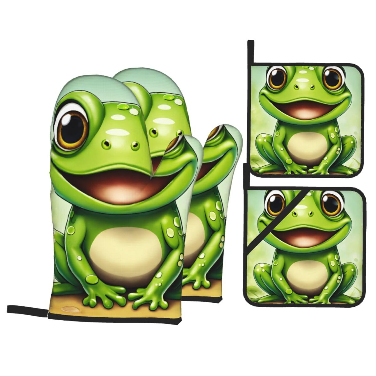 Green Frog Print 4-Piece Oven Microwaving Set Waterproof Kitchen Gloves for Baking Grilling Cooking