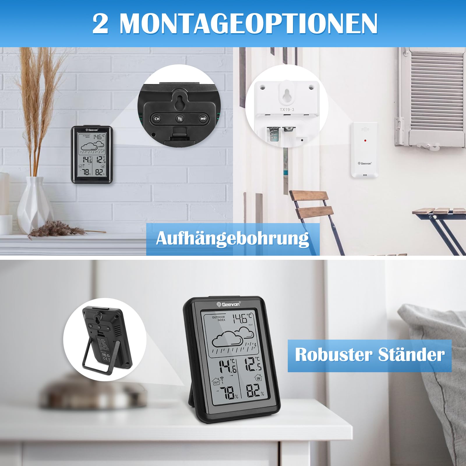 Geevon Thermometer voor binnen en buiten, draadloos