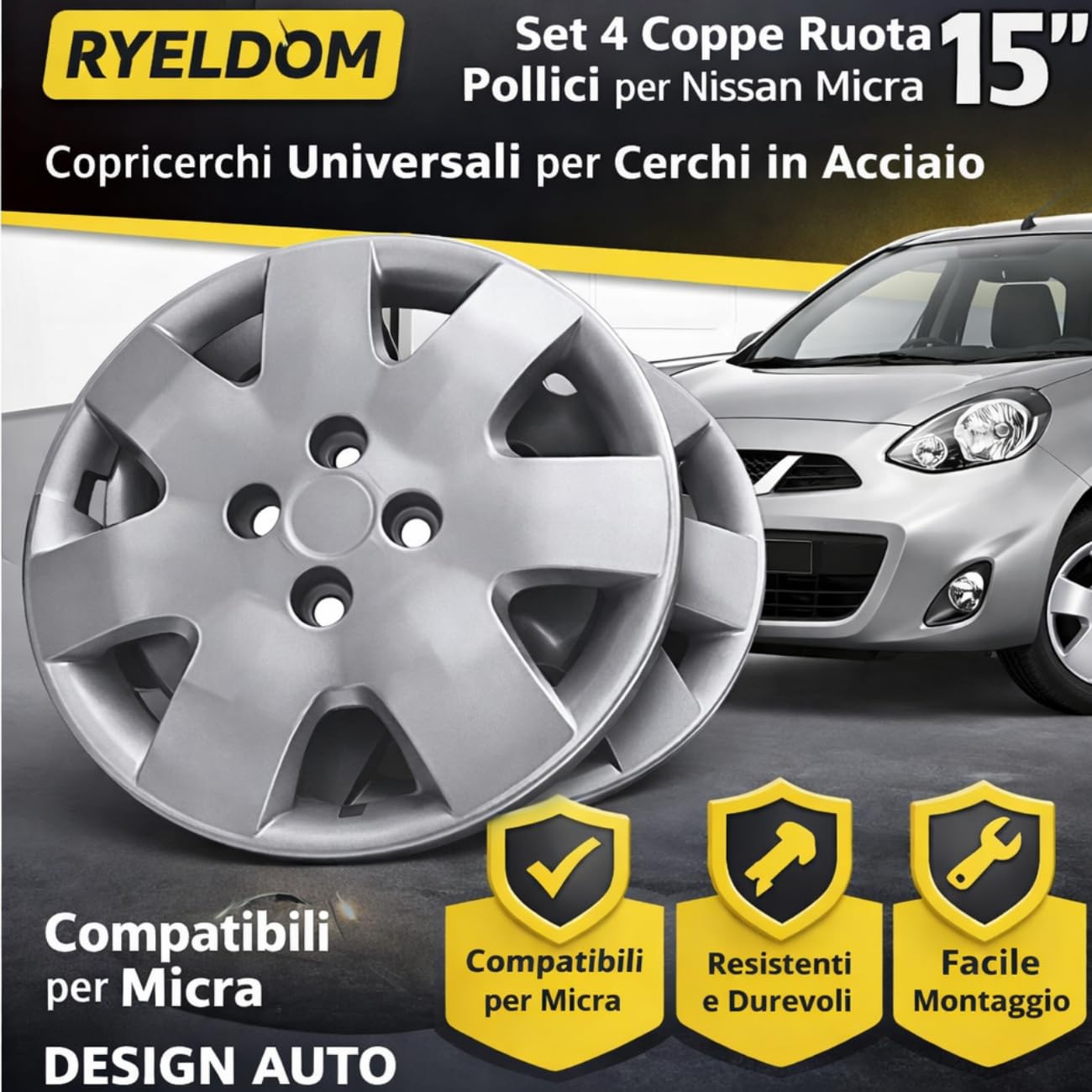 RYELDOM Set 4 Coppe Ruota 15 Pollici per Nissan Micra, Copricerchi Universali per Cerchi in Acciaio, Resistenti, Montaggio Facile, Design Auto