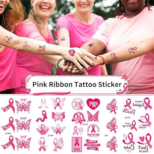 Miniatura 2 de Tatuajes temporales de cáncer de mama para mujeres, 10 hojas de decoración de fiesta de cáncer de mama, cinta rosa, tatuajes falsos, regalos para