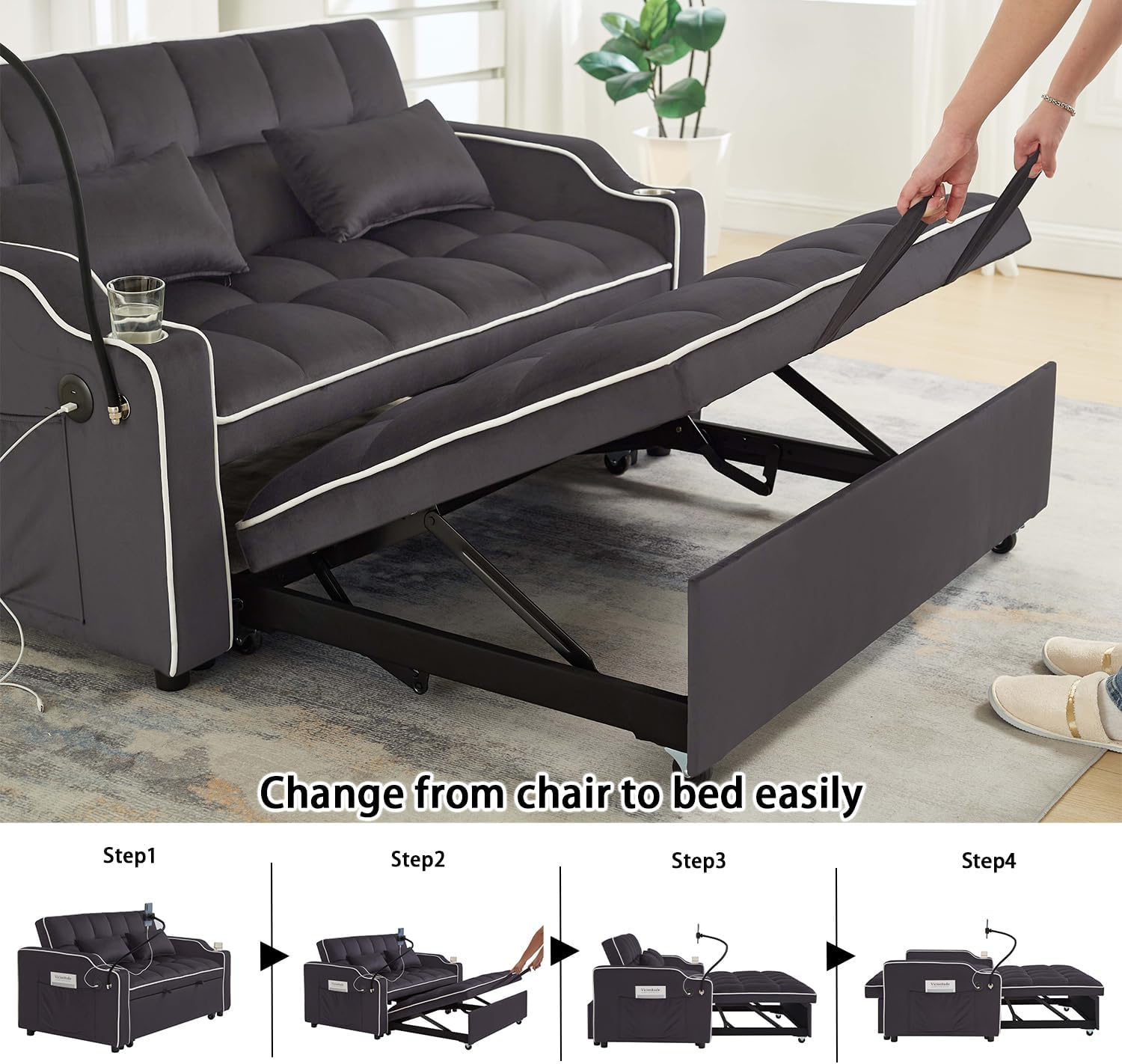 Convertible Sofa Bed, 3 in 1 Pull Out Couch Adjustable Backrest with USB Charging Ports, Cup Holder & Phone Stand, Small Futon Couch Sleeper Sofa Bed for Living Room, Apartment, Small Space (Grey-L)