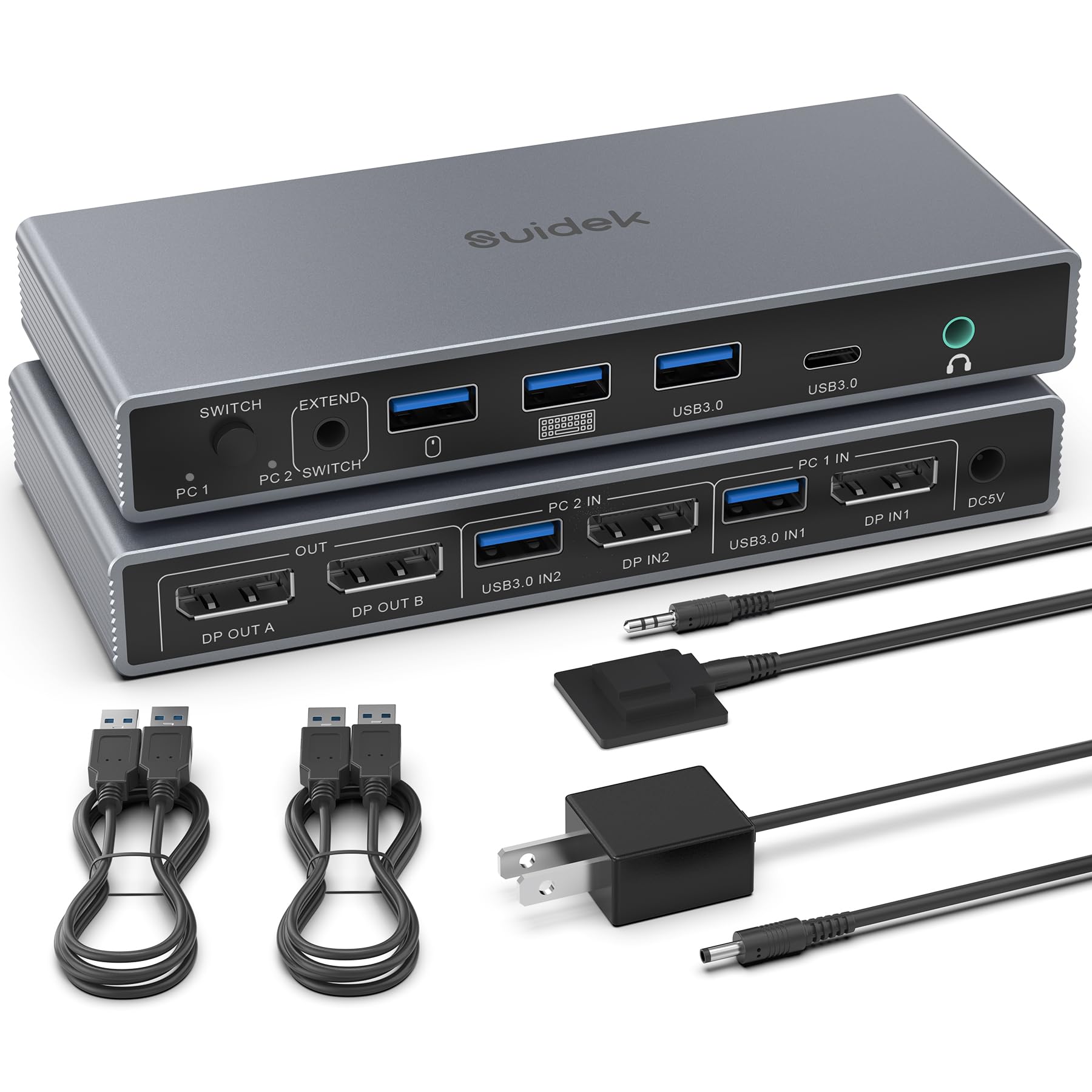SUIDEK Przełącznik KVM Displayport 2 wejścia 2 wyjścia 4K@60Hz DP1.4 z 3 portami USB A+1 portem USB C dla 2 komputerów, które dzielą 2 monitory, klawiaturę, mysz, drukarkę, w zestawie zasilacz 5V