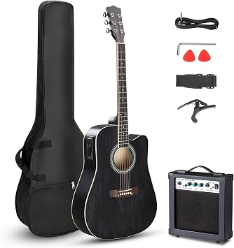 LALAHO Full-Size Electro Acoustic Guitar with 10W Amp for Beginners, Black
