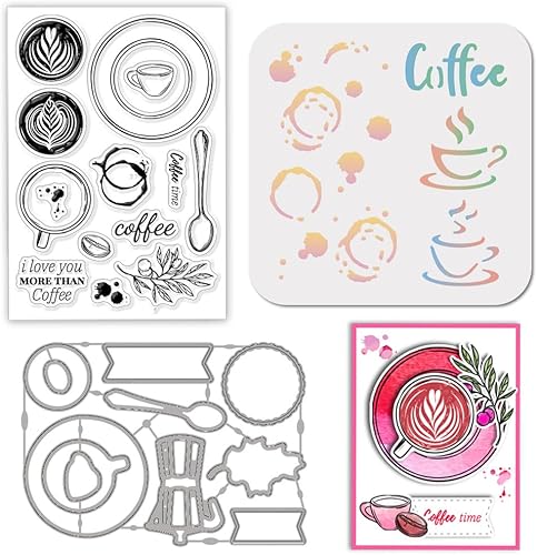 Miniatura 7 de GLOBLELAND Juego de sellos y troqueles transparentes para salpicaduras de café y troqueles para hacer tarjetas, plantillas de PET para decoración de