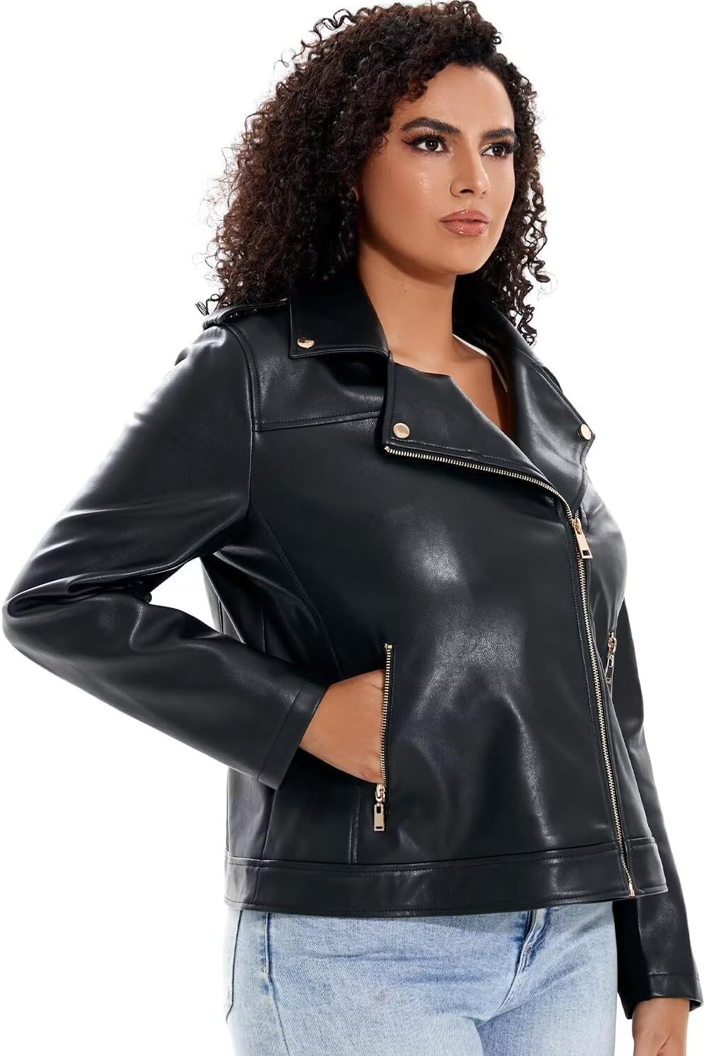 Women's Faux Leather Jacket Plus Size Motorcycle Biker Outwear Pu Zip Up Moto Coat - Image 3
