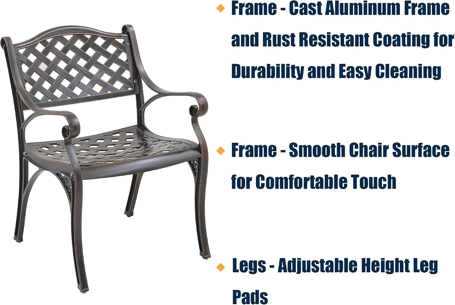 MONDAWE 2 Pieces Outdoor Cast Aluminum Dining Chairs with Armrest, All-Weather Aluminum Dining Chair with Adjustable Feet for Balcony, Backyard, Deck, Garden, Bronze