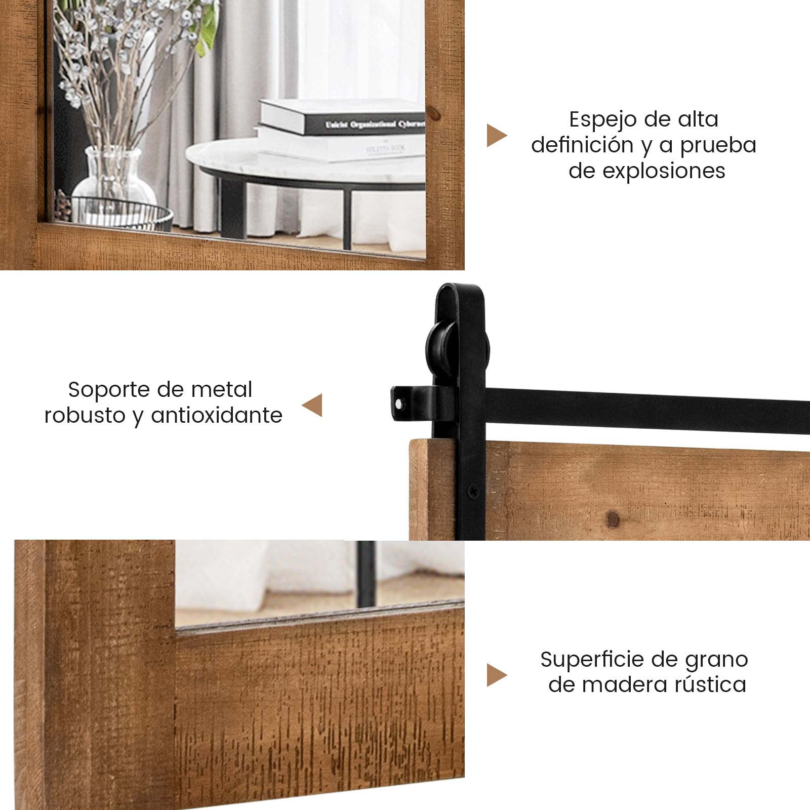 COSTWAY Espejo de Pared Estilo Farmhouse, Espejo con Marco de Madera y Soporte de Metal, 76 x 56 cm Rectángulo Rústico y Decorativo para el Pasillo, Sala de Estar, Dormitorio (Marrón)