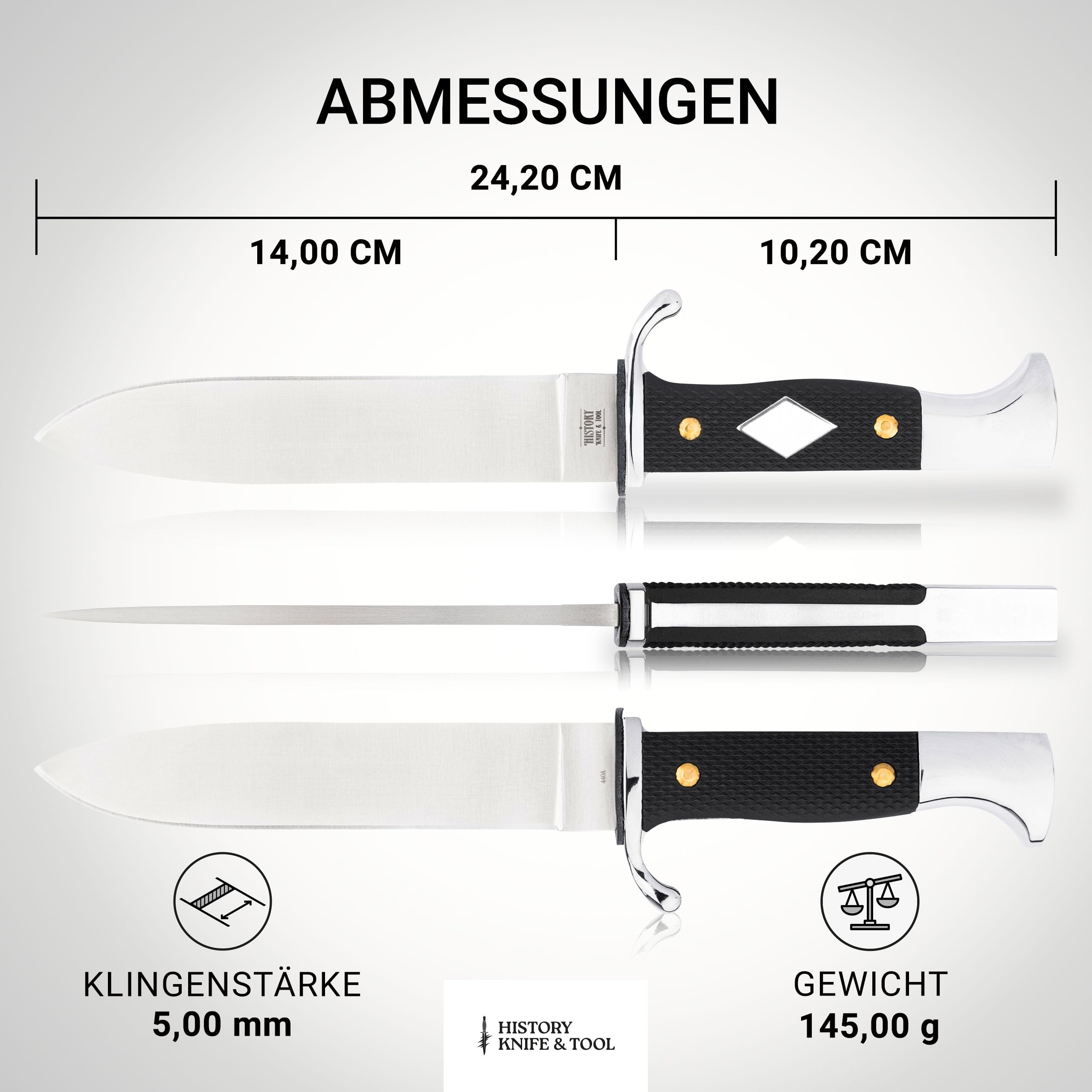 HISTORY KNIFE & TOOL® - German Scout Knife - klassisches Pfadfindermesser mit 14 cm Klinge - Fahrtenmesser traditionell mit schwarzem Griff - historisches Gürtelmesser feststehend mit Metallscheide