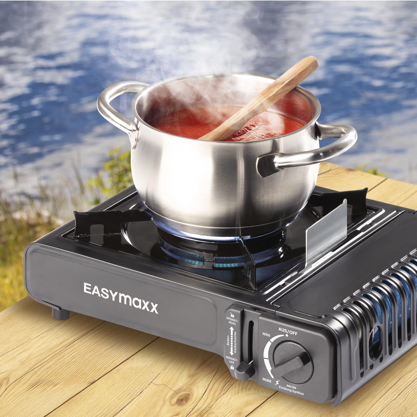 EASYmaxx, Estufa de gas portátil, compacta con estuche de transporte, estufa de exterior de ajuste continuo con encendido piezoeléctrico automático, ideal para el camping