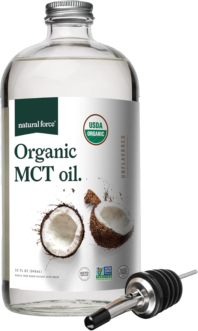 Natural Force Organic MCT Oil – Pure Glass Bottle – Made from 100% Cold Pressed Virgin Coconut Oil + Certified Keto, Paleo, Kosher, Vegan & Non-GMO – Lab Tested for Quality and Purity - 32 Ounce