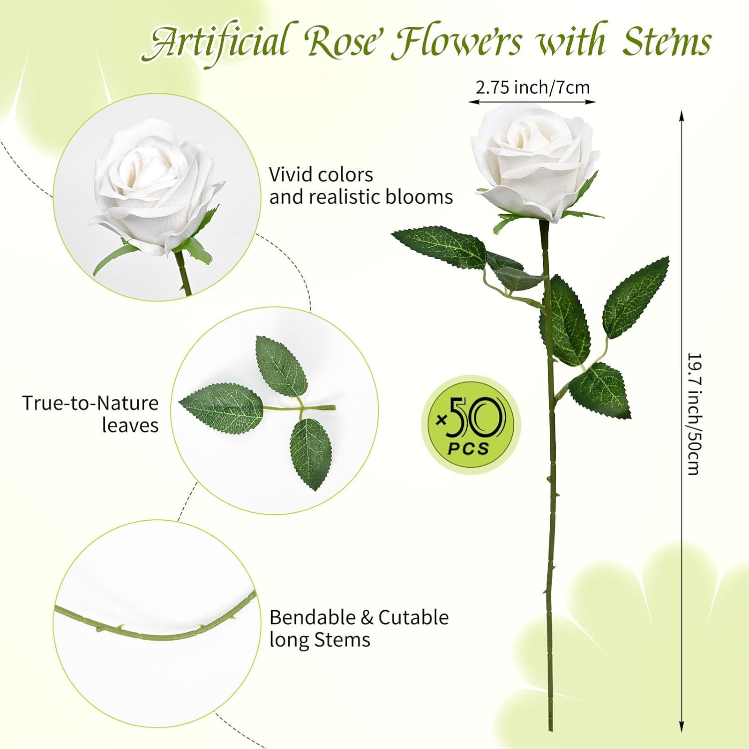 50 Pcs White Roses Artificial Flowers Bulk, White Flower Fake Velvet Silk Rose , Realistic Faux Artificial Roses with Stems Fake White Flower for Wedding, Bouquets ,Ceremony,Bridal Shower,Party - Image 2