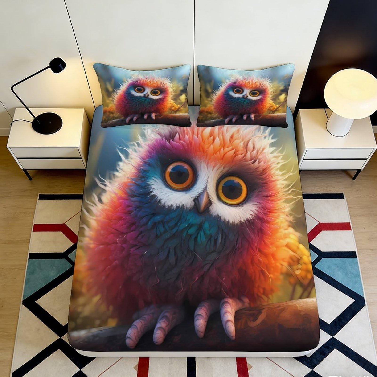 3D Printed Colorful Owl Fitted Sheet Microfiber Soft Durable Vibrant Bird Mattress Cover for Bedroom Dormitory Guest Room Protection Decoration 180x200x25cm