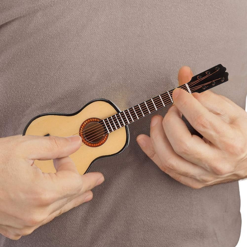 1/6 Scale Dollhouse Size Wooden Guitar Model,Mini Musical Instrument Crafts Ornament Accessory with Stand&Case for 12inch Doll Decoration 6.7X2.4X0.8inch(Wood)