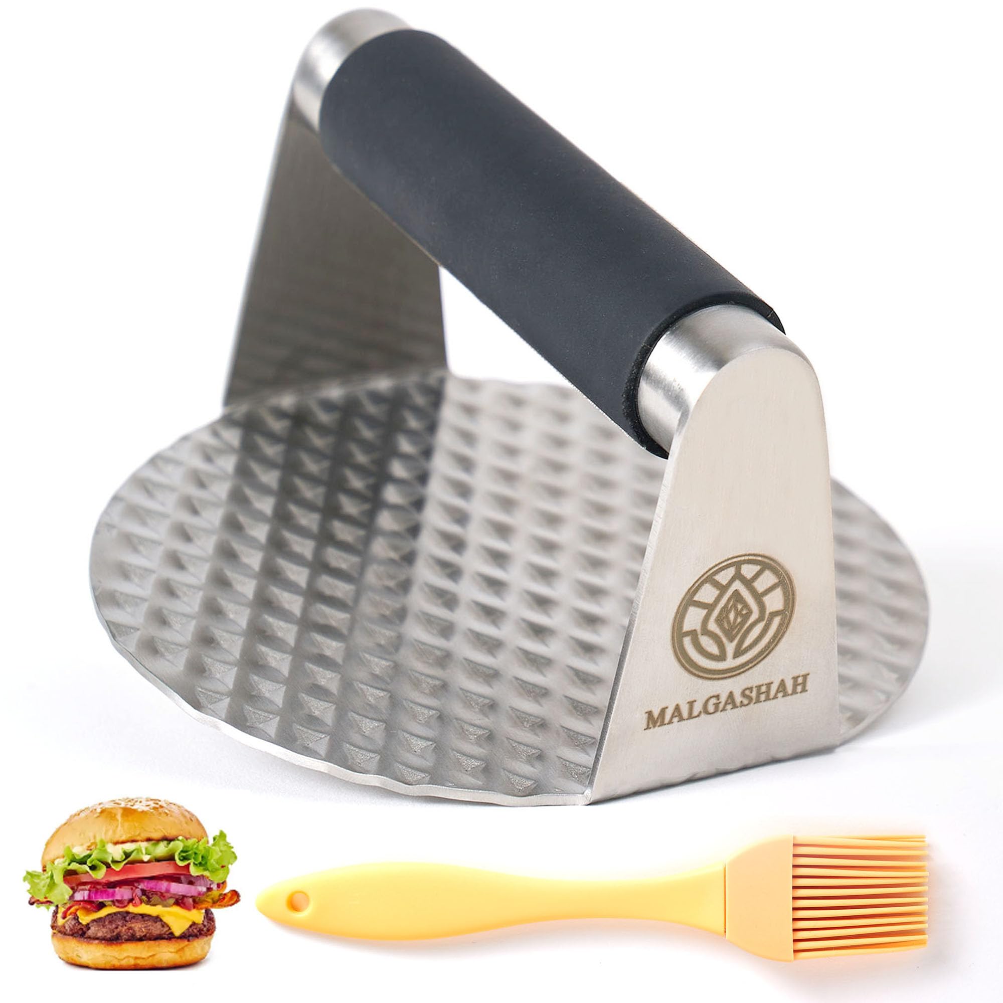 Smash Burger Press 5.5 Inch, Professional Non-Stick Stainless Steel Hamburger Press with Anti-Scald Handle + Basting Brush, Round Burger Smasher, Hamburger Smasher for Grill