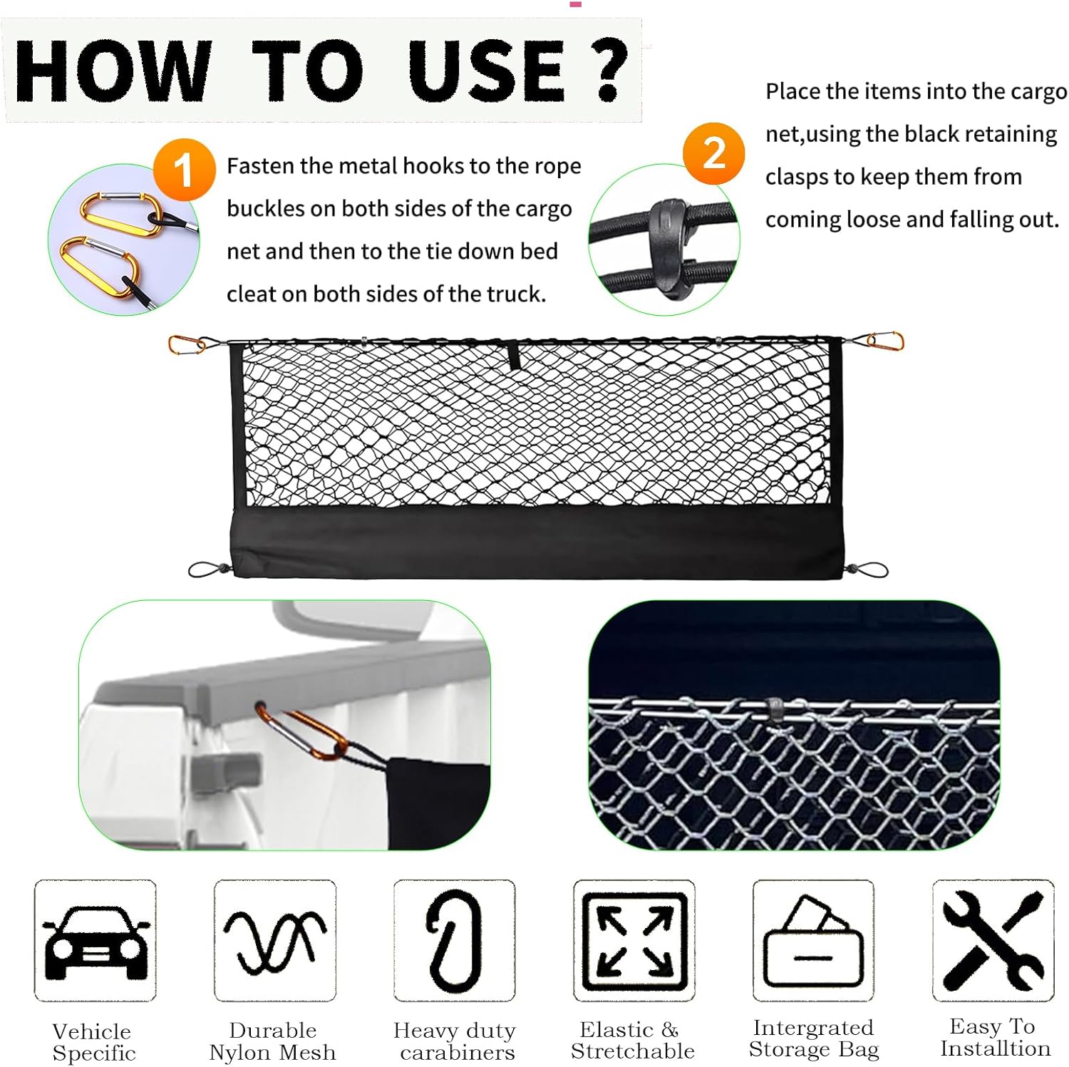 Envelope Style Cargo Net Compatible with Chevy Silverado 1500 2013-2025 & GMC Sierra 1500, Highly Elastic Truck Bed Cargo Net for Silverado Sierra 1500 Accessories, Storage Bag-Carabiners