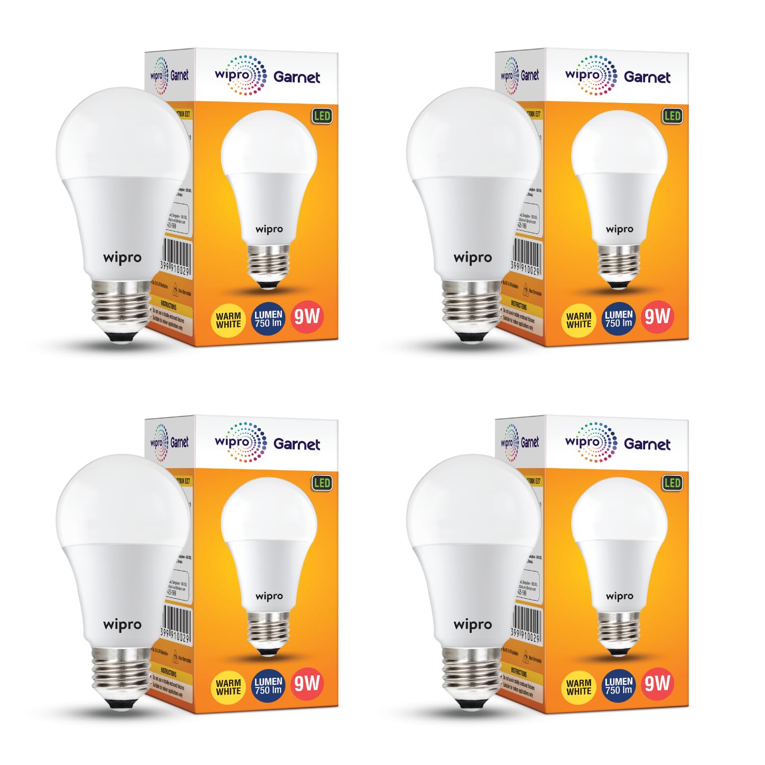 wipro Garnet 9W LED Bulb for Home & Office |Warm White (2700K) | E27 Base|220 Degree Light Coverage |4Kv Surge Protection |400V High Voltage Protection |Energy Efficient | Pack of 4