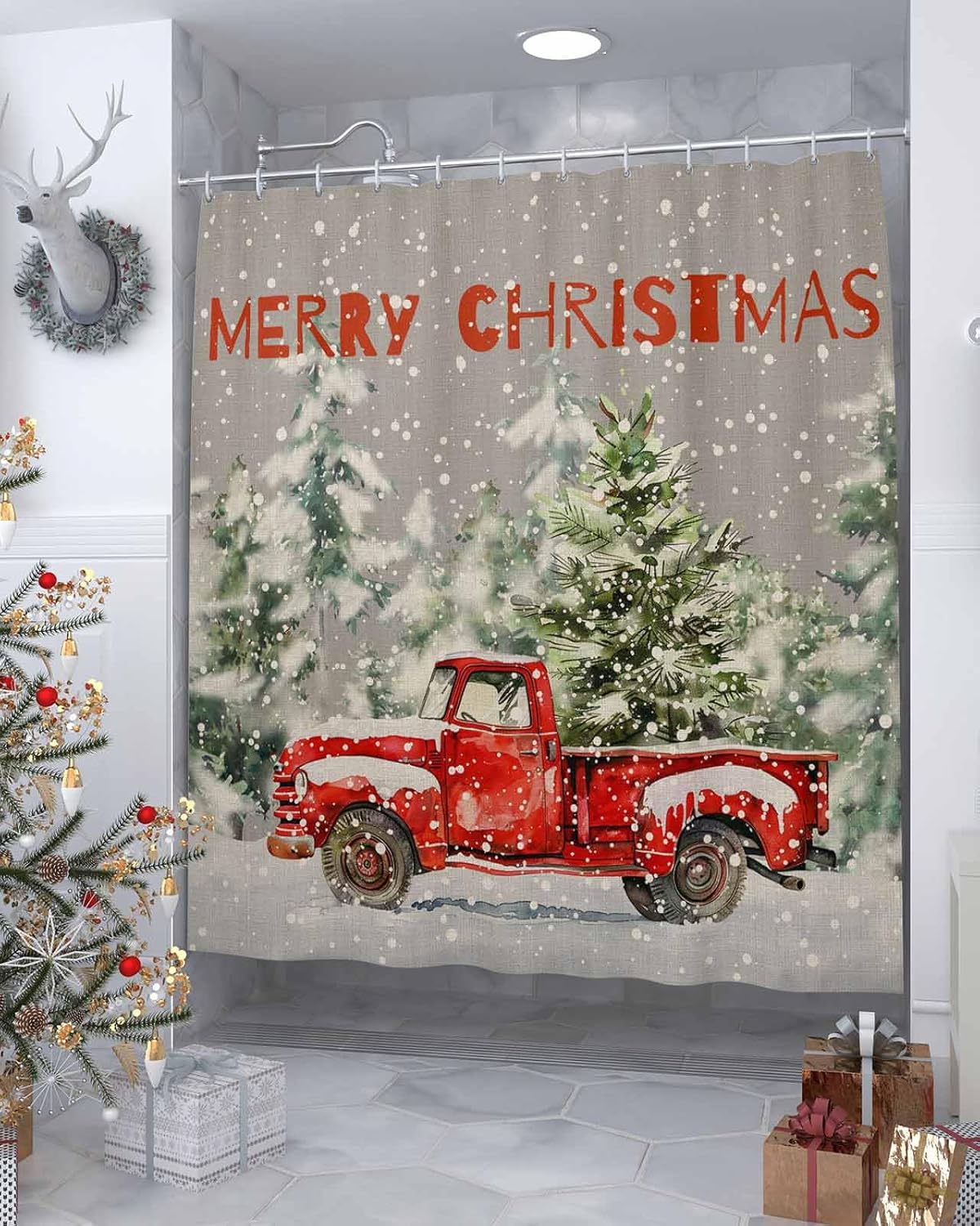 Christmas Red Truck Shower Curtain Set with Hook 72" x 84",Winter Snowy Pine Tree Xmas Grey Washable Cloth Polyester Fabric Shower+Curtain,Waterproof Bath Curtains for Bathroom,Showers,Bathtubs Decor