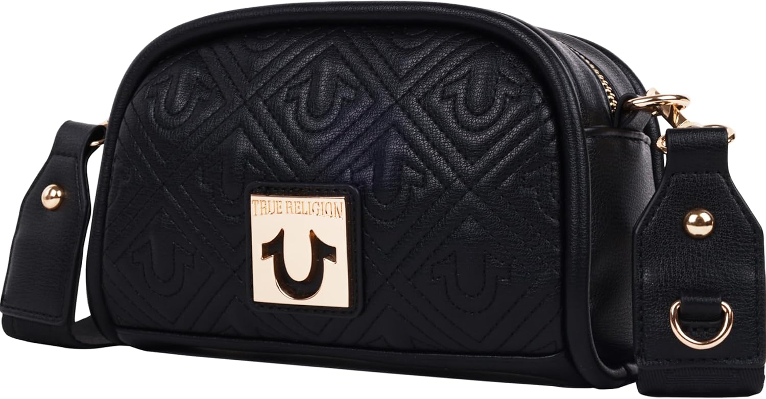 True Religion Quilted Crossbody Bag, Small Structured Purse for Women, Adjustable Strap, Quilted Horseshoe Pattern