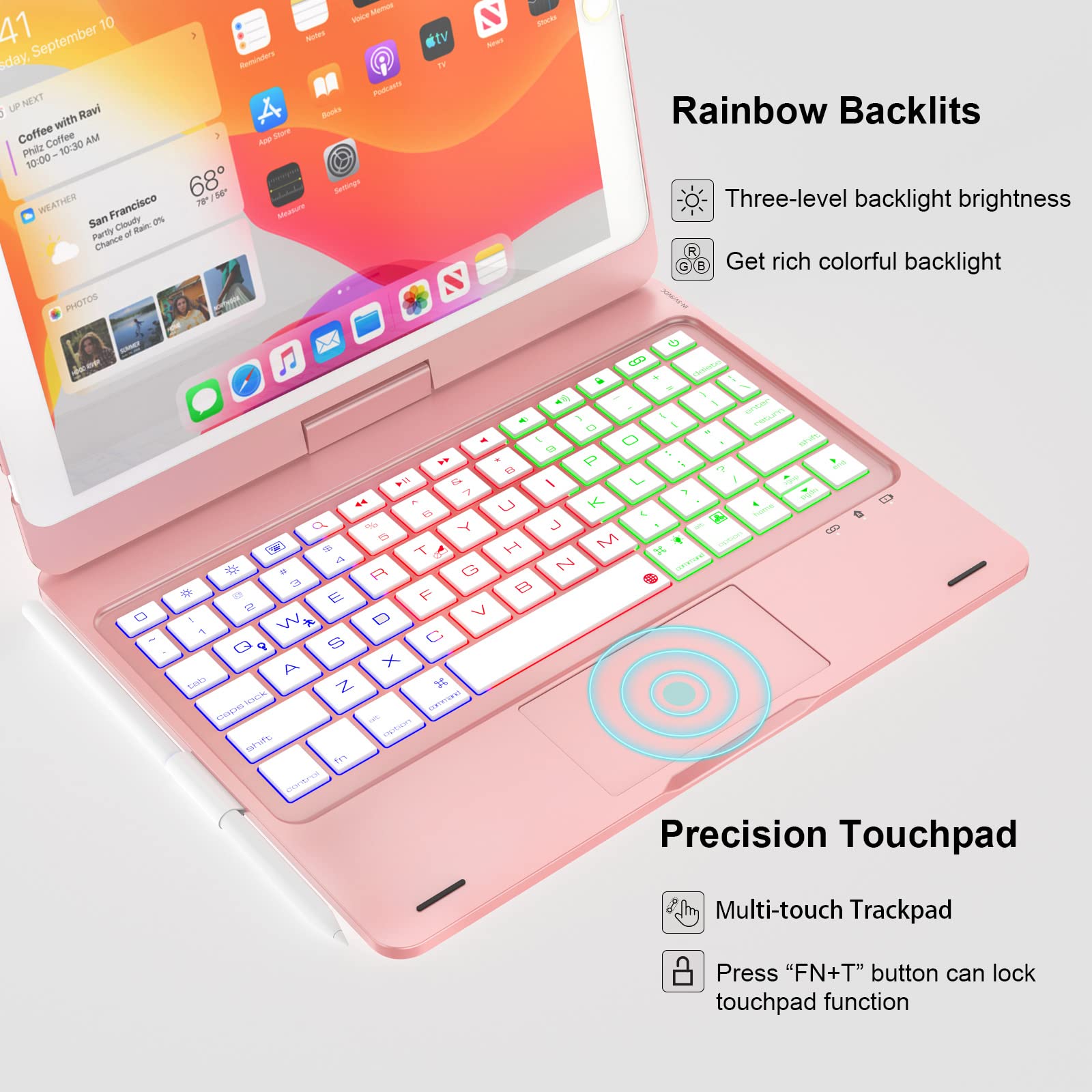 iPad 9th Generation Case with Keyboard and Touchpad, 360° Rotatable Backlit Keyboard with Pencil Holder for 10.2" iPad 9th Gen 2021/ 8th Gen 2020/ 7th Gen 2019 and iPad Air 3 / Pro 10.5 inch-Rose Gold