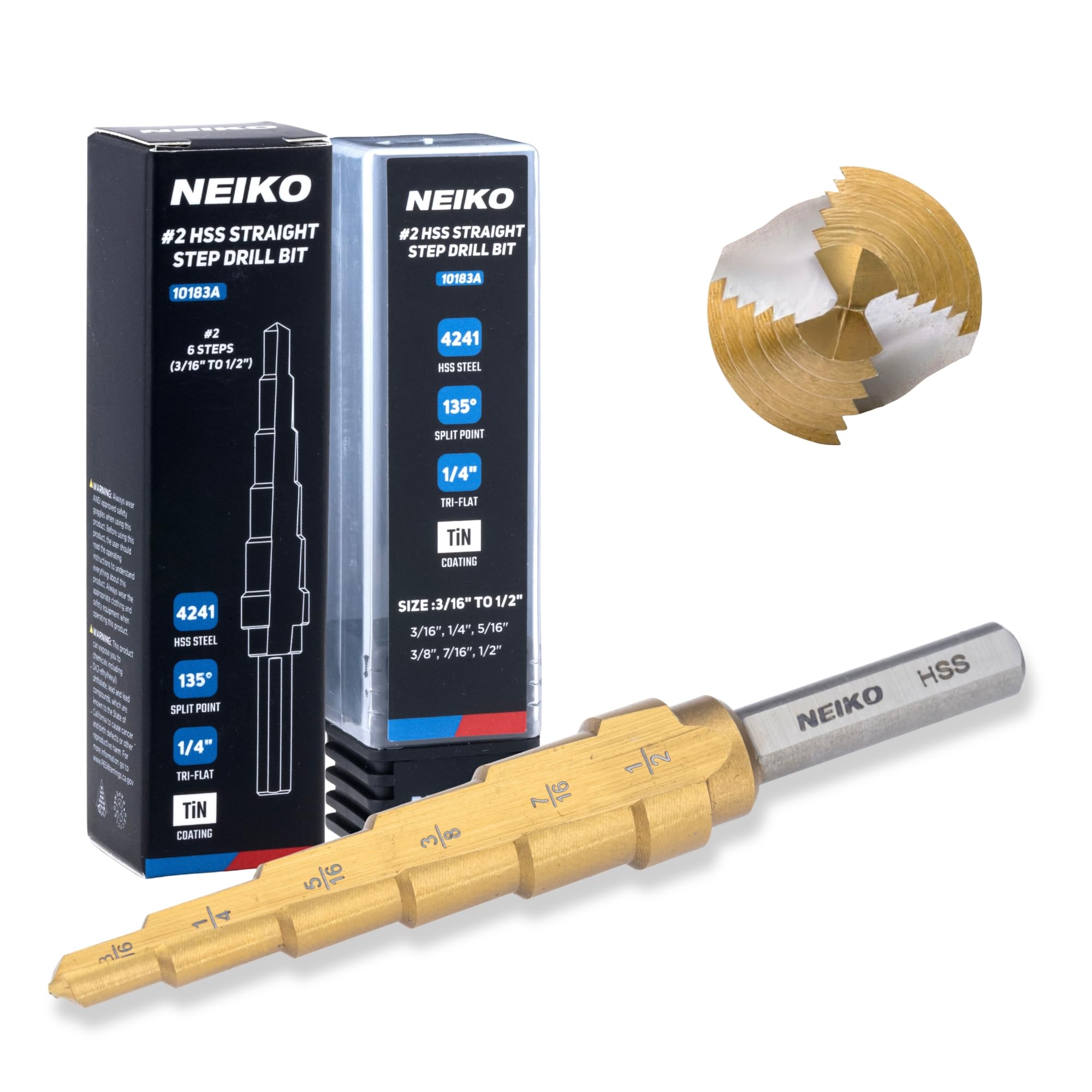 NEIKO 10183A Titanium Step Drill Bit, High-Speed Alloy-Steel Bit, Hole Expander for Wood and Metal, 6 Step Sizes from 3/16 Inch to 1/2 Inch — image 1