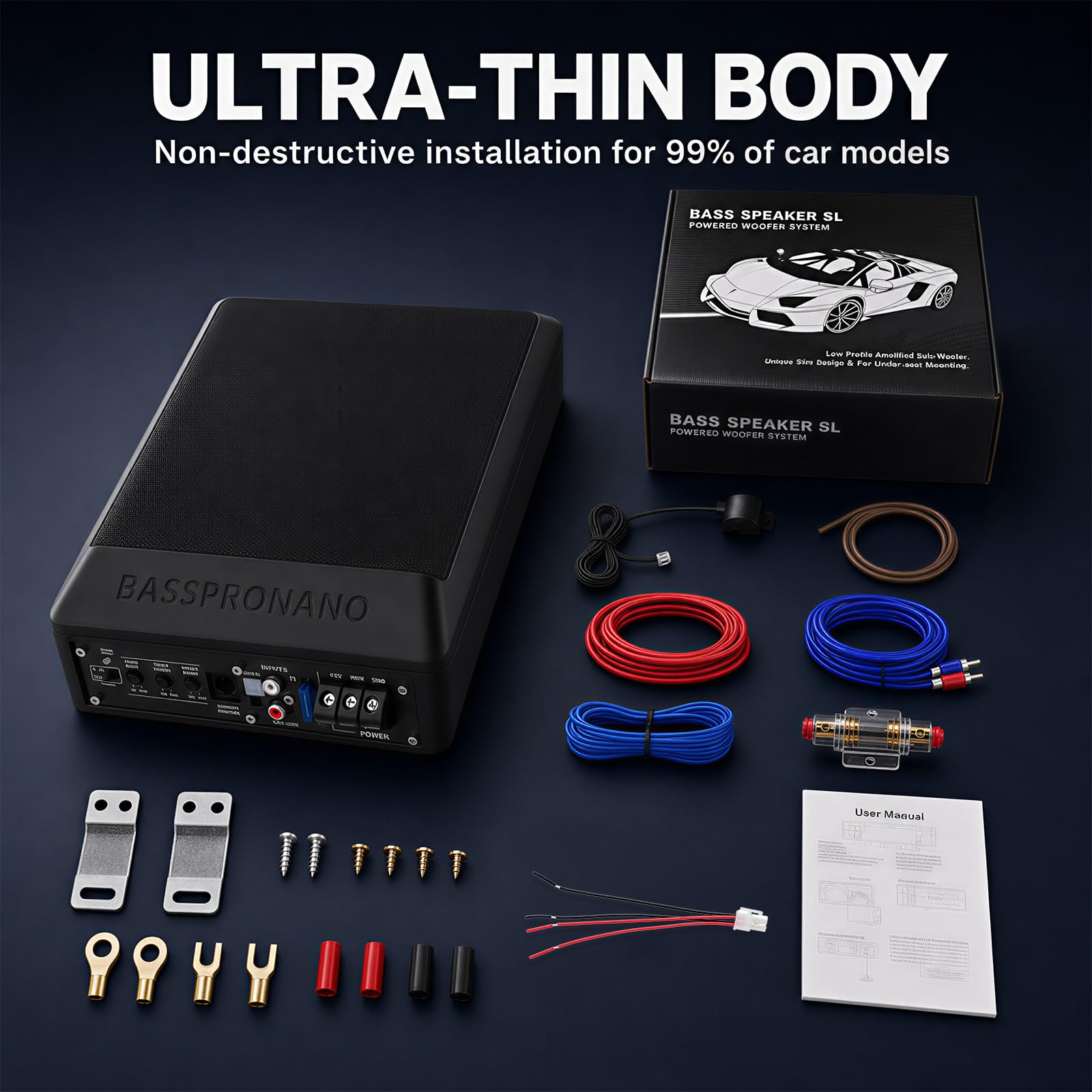 SIXWIN Subwoofer Attivo 1000W – Subwoofer Auto Piatto da 8 Pollici con Kit di Collegamento Amplificatore, 20–200 Hz, 2,8 Ω, 12V, Subwoofer Compatto per Bassi Profondi