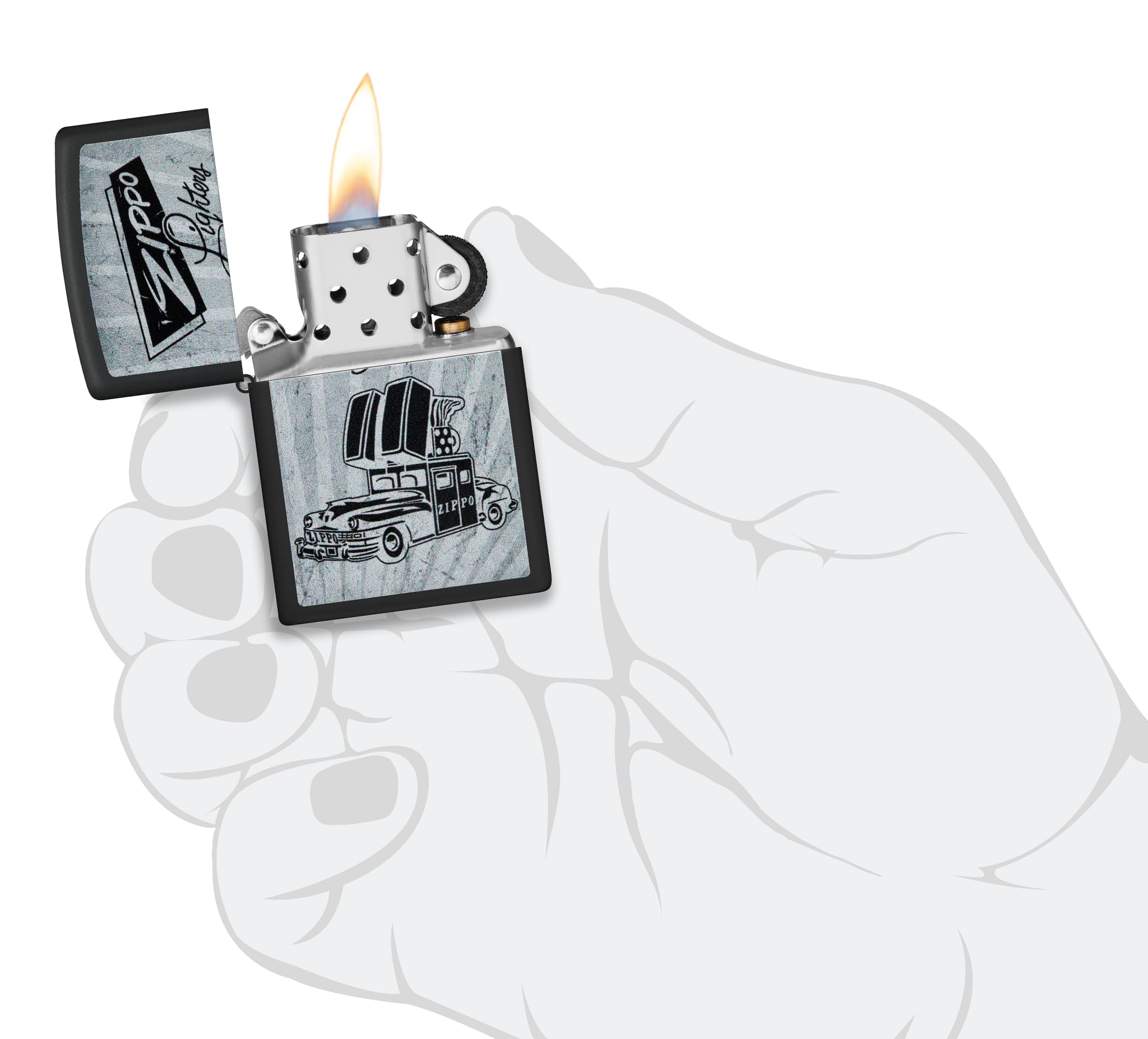 Zippo Car Zapalniczka Sztormowa, Kolorowy Nadruk, do Napełniania, Wielokrotnego Użytku, Wiatroodporna Konstrukcja, Pudełko na Prezent, Wykonano w USA, Kolor Czarny Matowy
